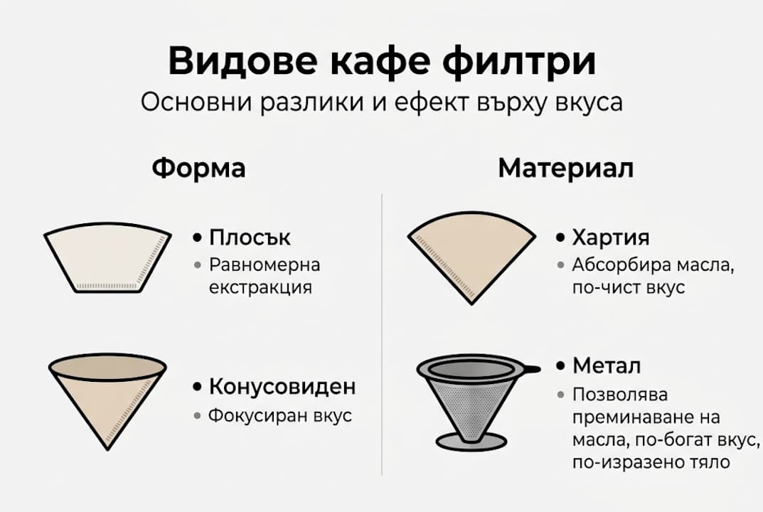 В тази инфографика ще откриете сравнение между различните видове кафе филтри и техните предимства.