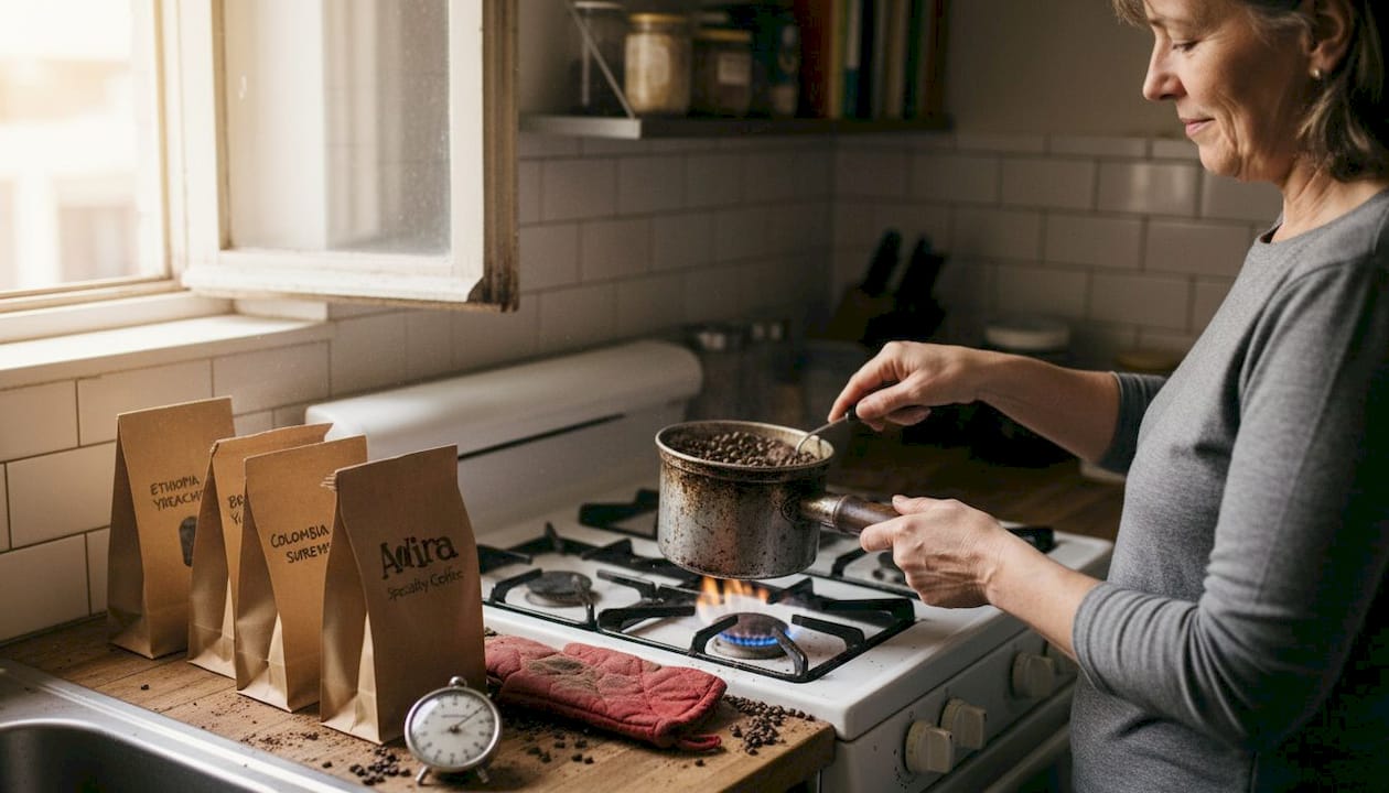 Woman home-roasting coffee beans on stove