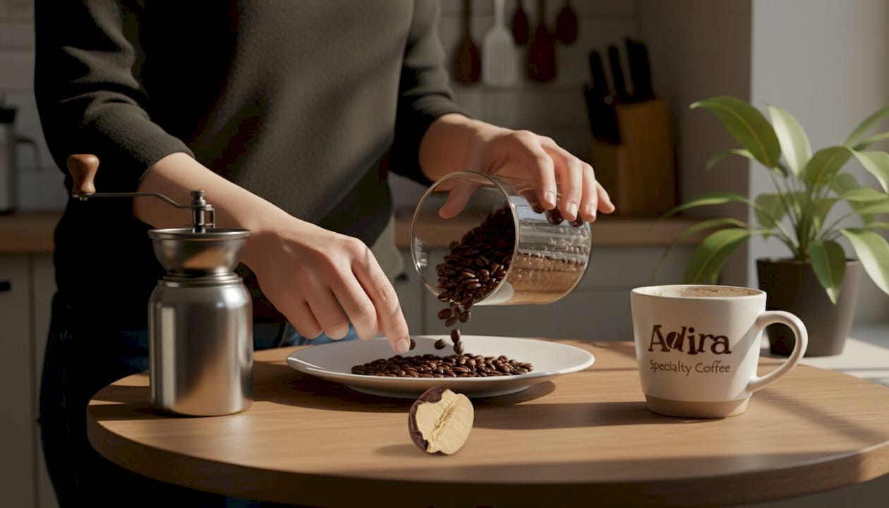 Person sorting fresh and stale coffee beans