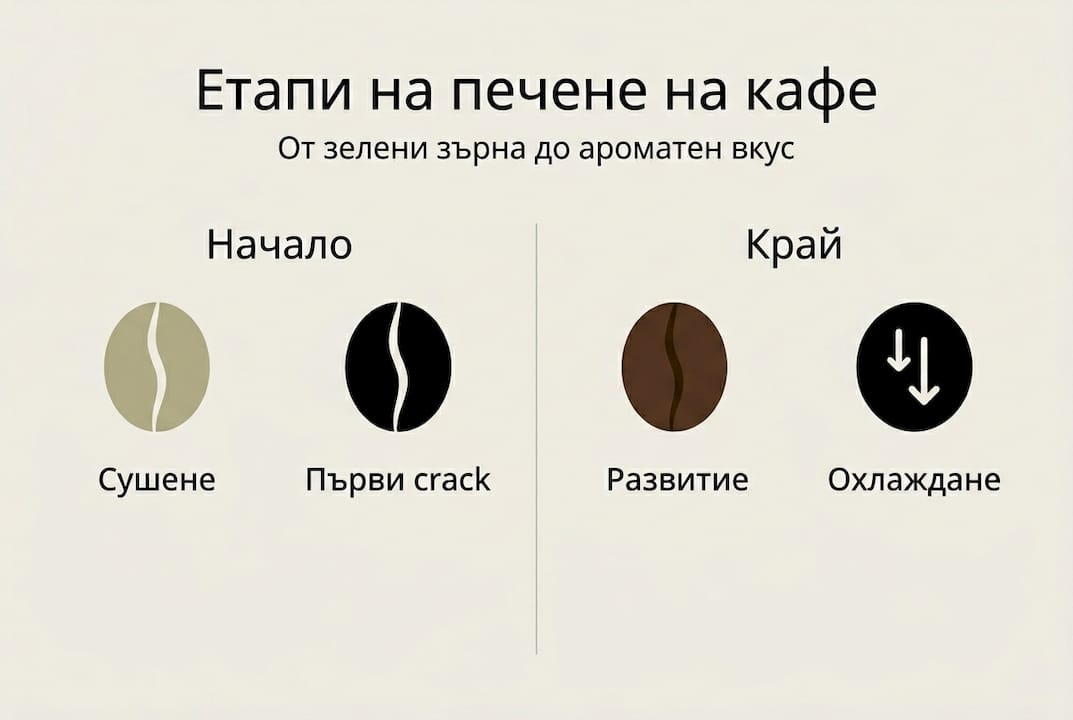 Визуално представяне на основните фази при изпичането на кафе