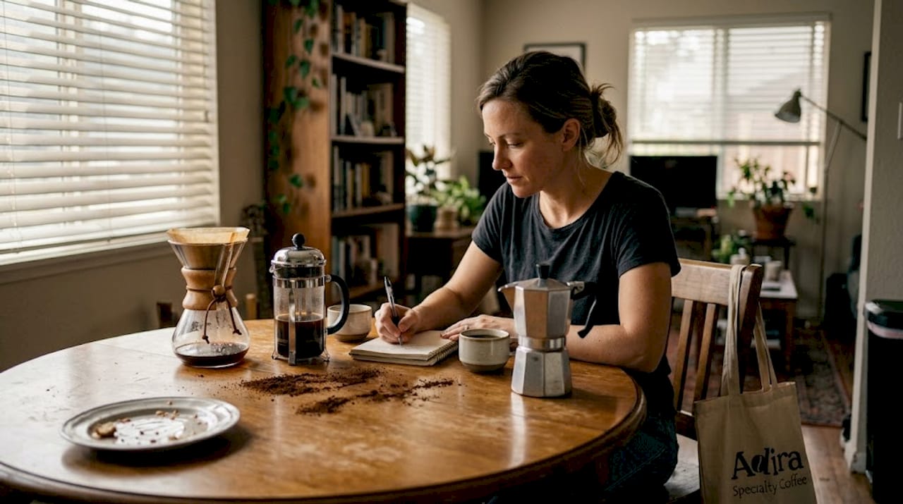 Woman comparing coffee brewing equipment