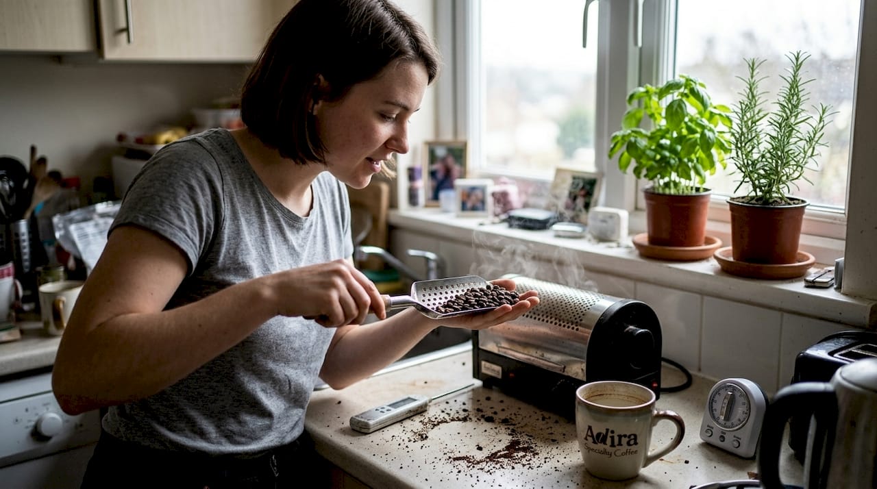 Home roaster inspecting beans during roast
