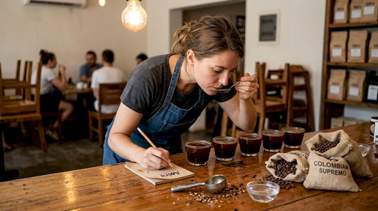 Barista tasting Colombian coffee and recording notes