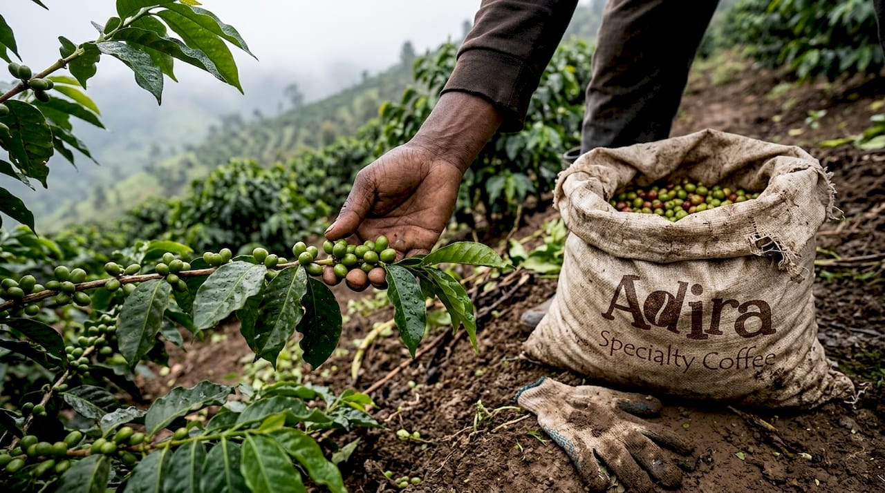 Hand holding coffee cherries on misty Ethiopian hill