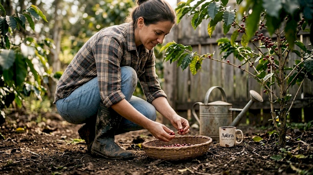 Woman handpicking coffee cherries backyard farm