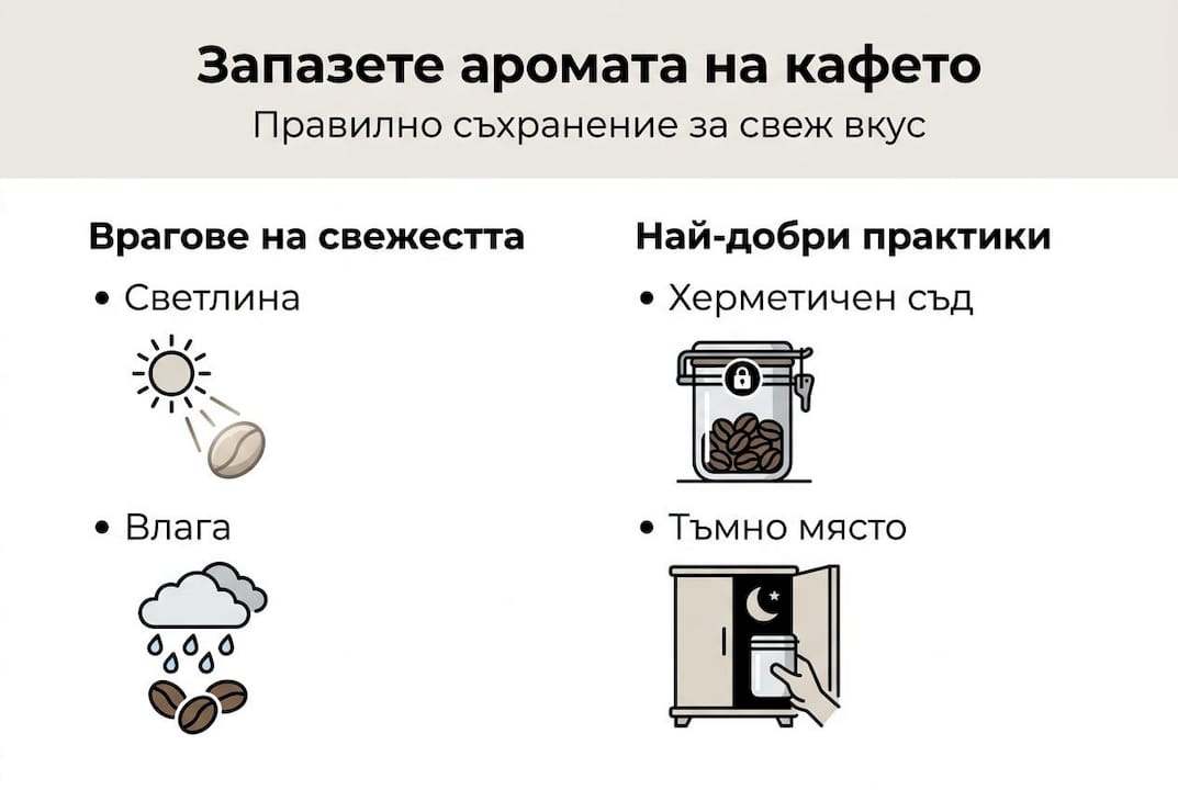 Инфографика с най-важните съвети за съхранение на кафето