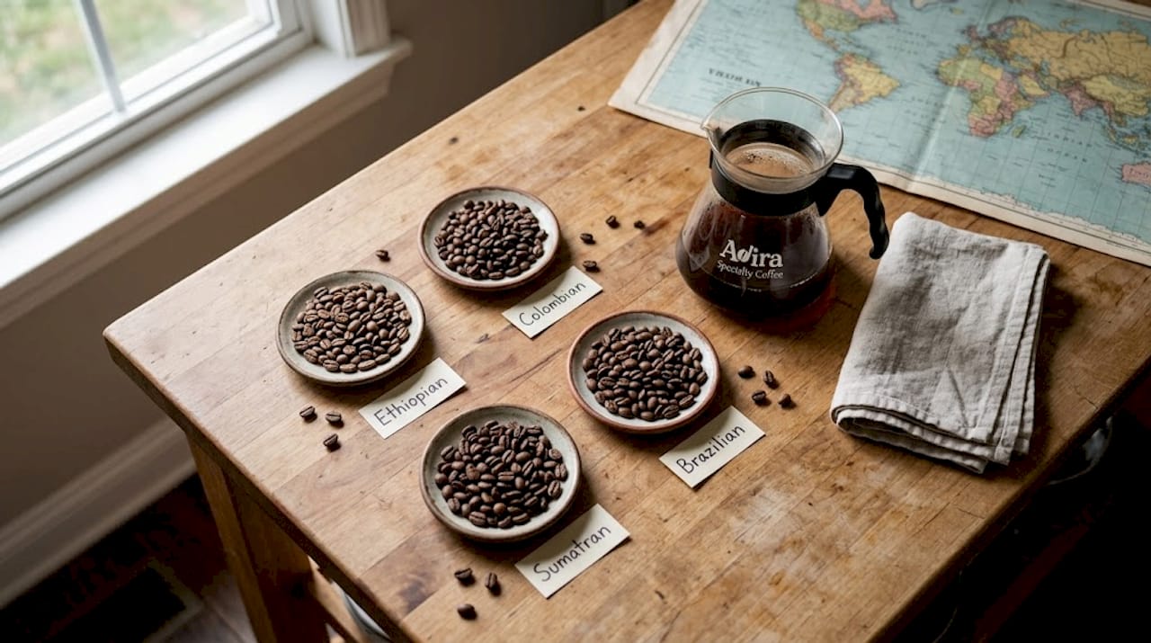 Coffee beans displayed by geographic origin