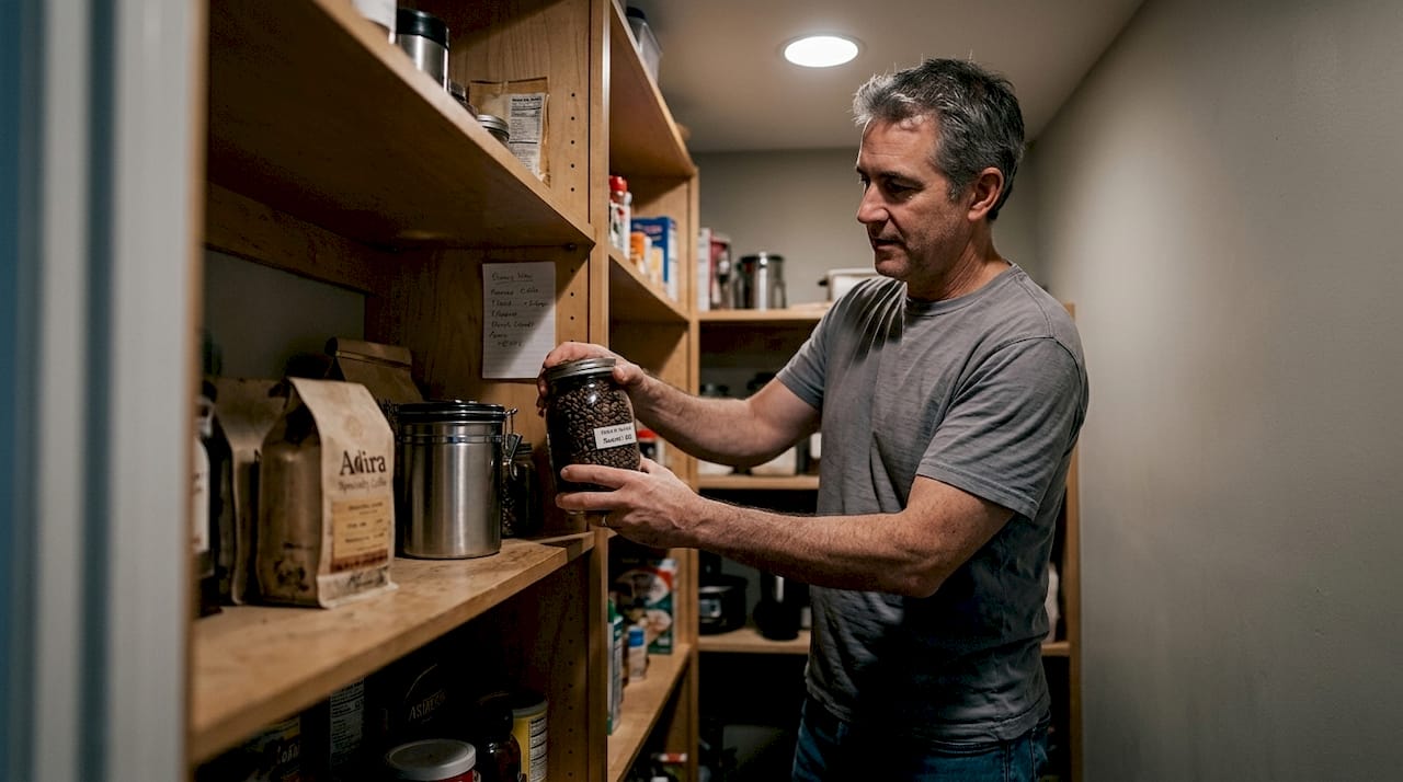 Man storing coffee beans on pantry shelf
