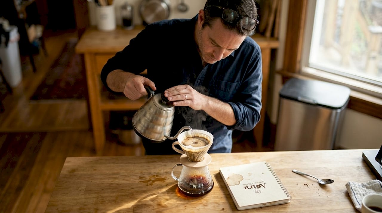 Man brewing pour-over coffee at kitchen island