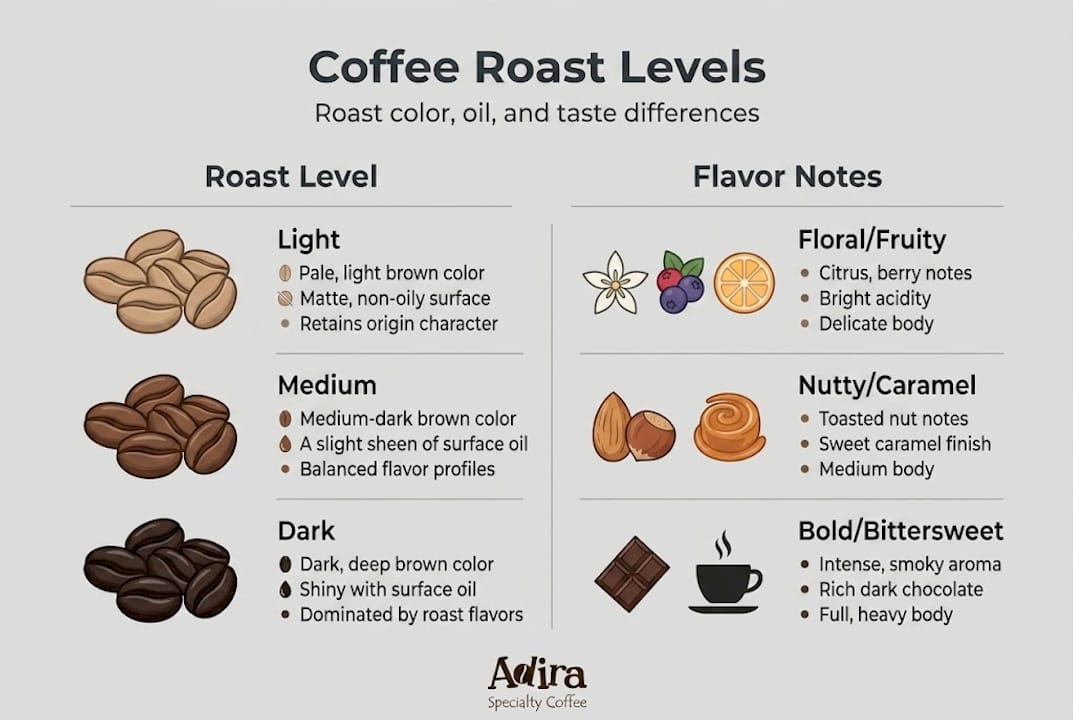 Infographic shows coffee roast levels and flavor notes