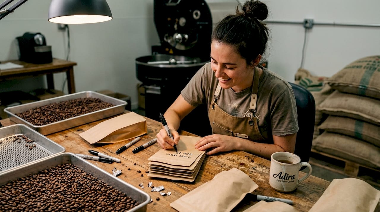 Roaster handwriting dates on coffee bags