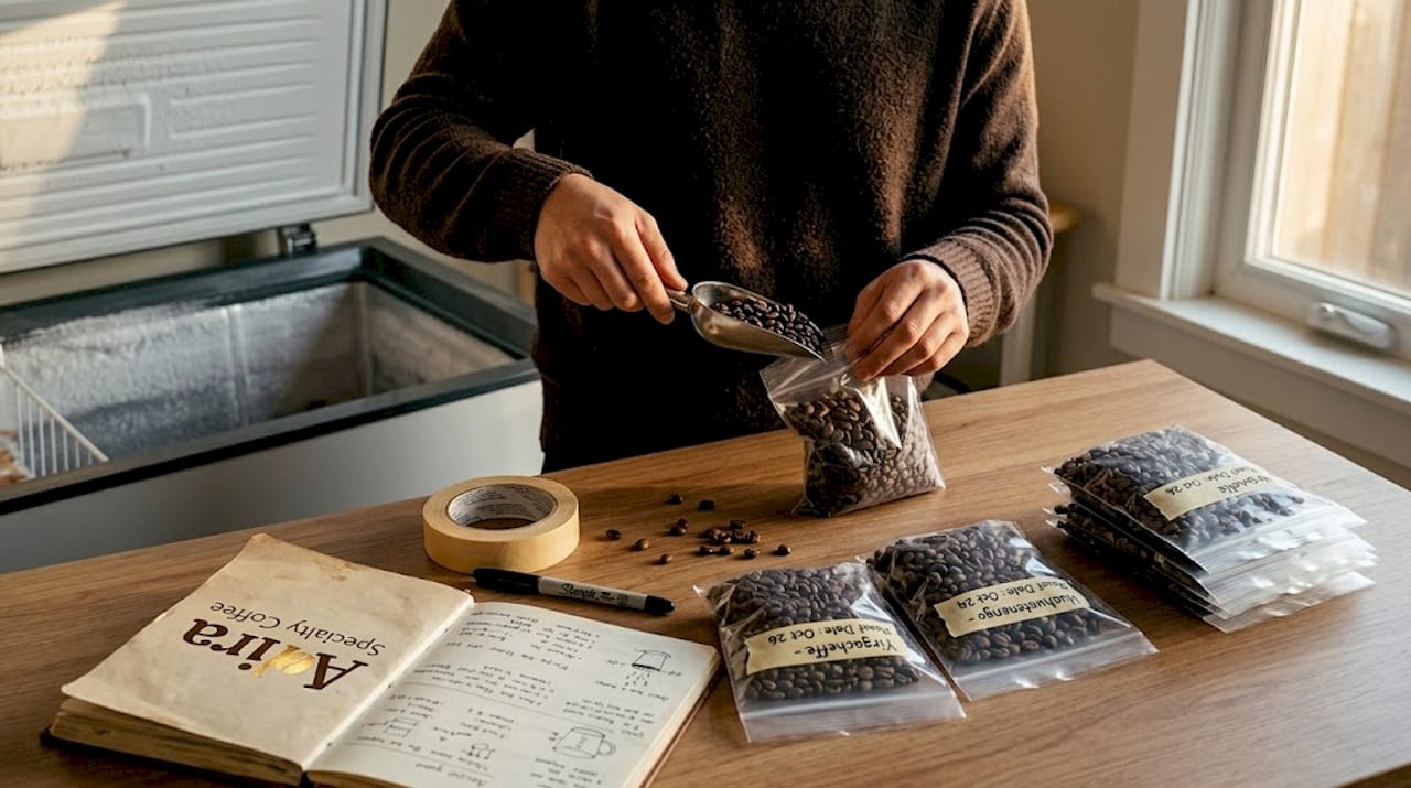 Dividing coffee beans for freezer storage