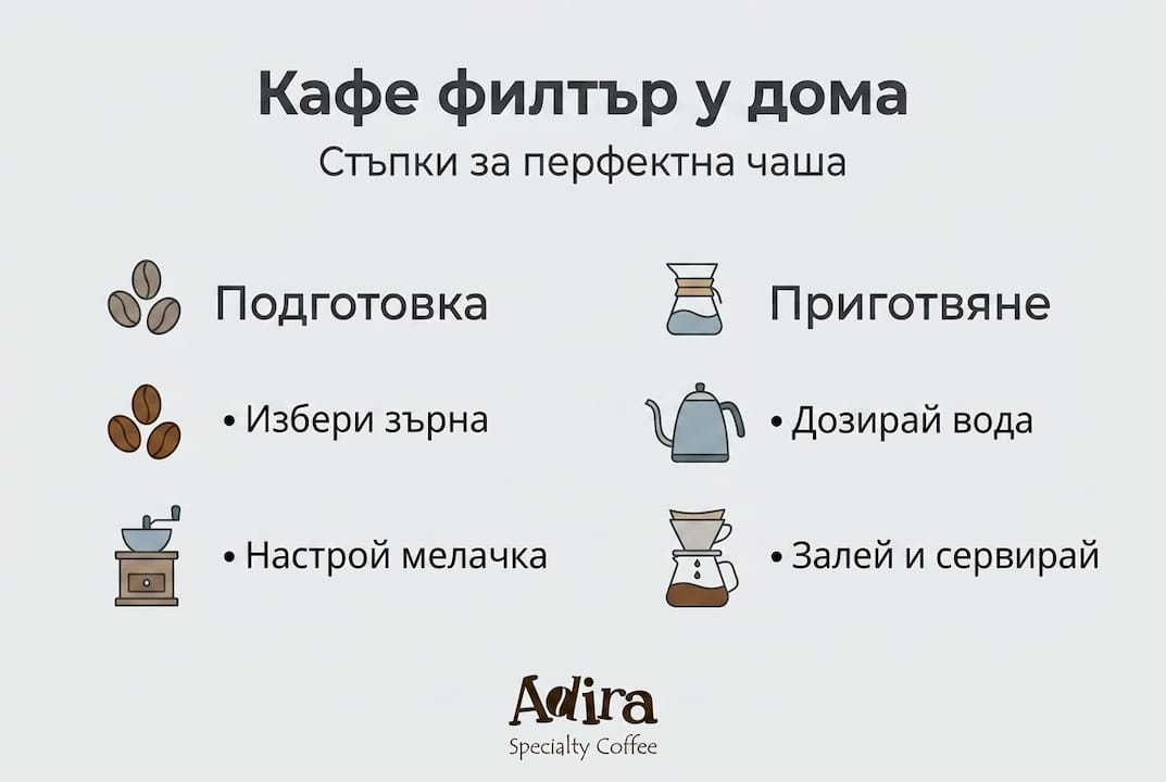 Стъпки за приготвяне на перфектно филтърно кафе – инфографика