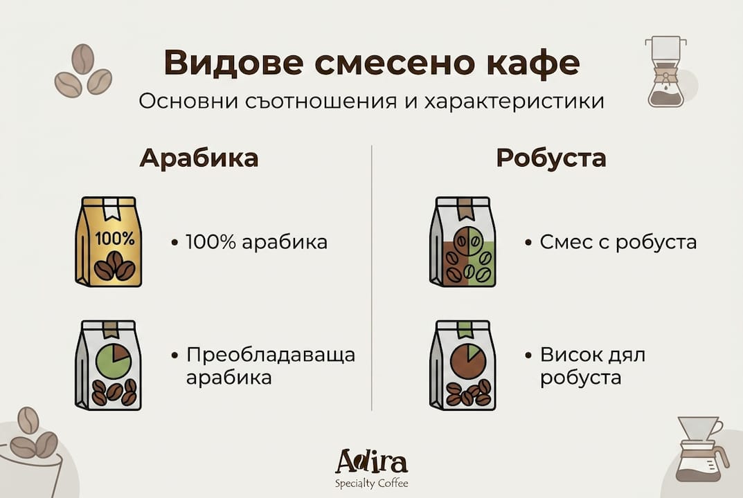 Инфографика: основни видове смесено кафе и техните пропорции