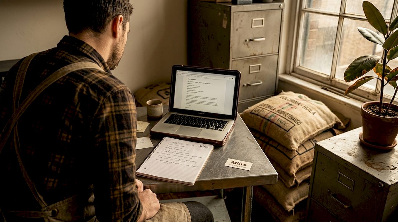 Coffee roaster updating pricing reports in loft office