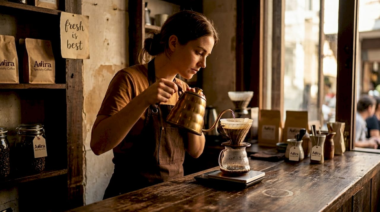 Barista monitoring blooming pour-over extraction