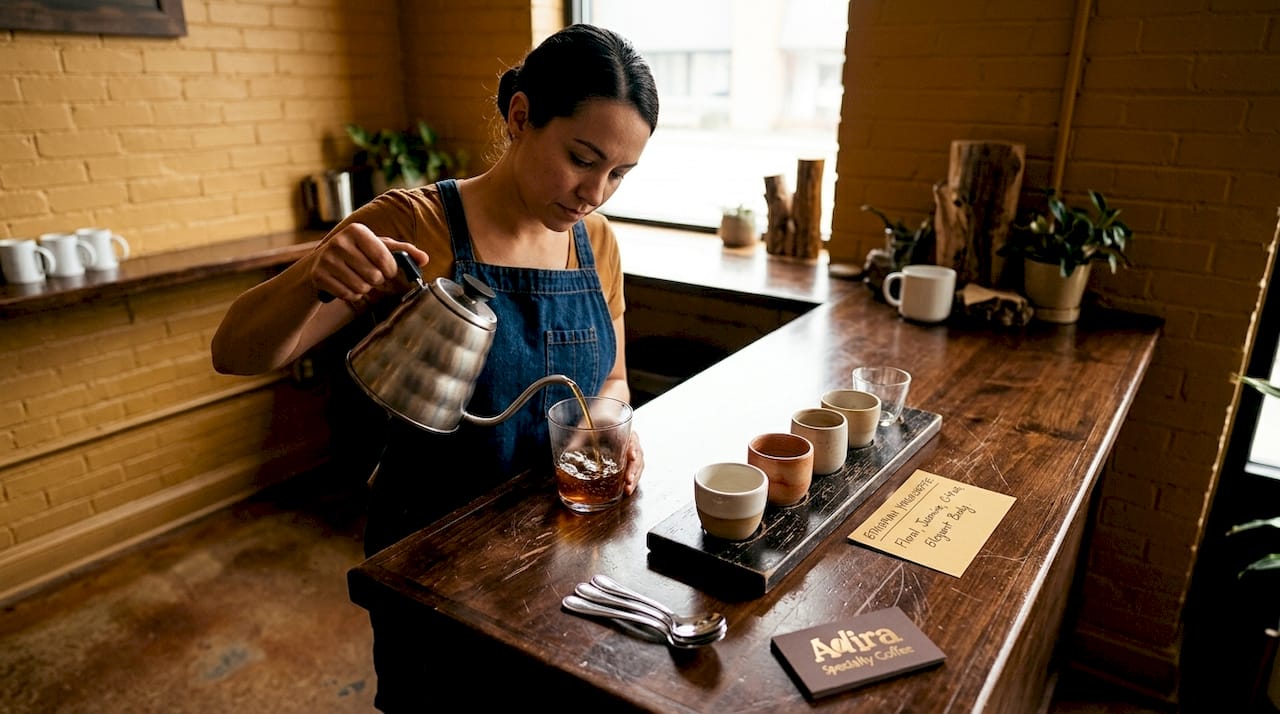 Barista pouring Ethiopian Yirgacheffe coffee