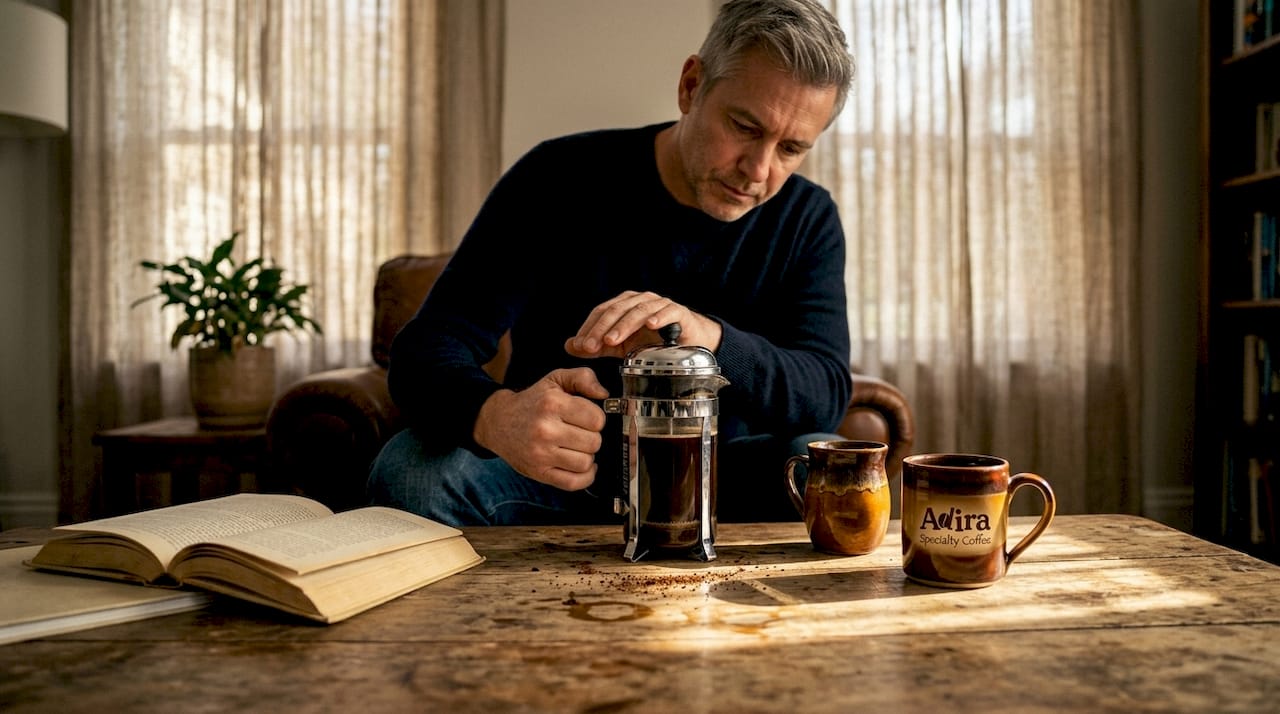French Press coffee brewing in living room