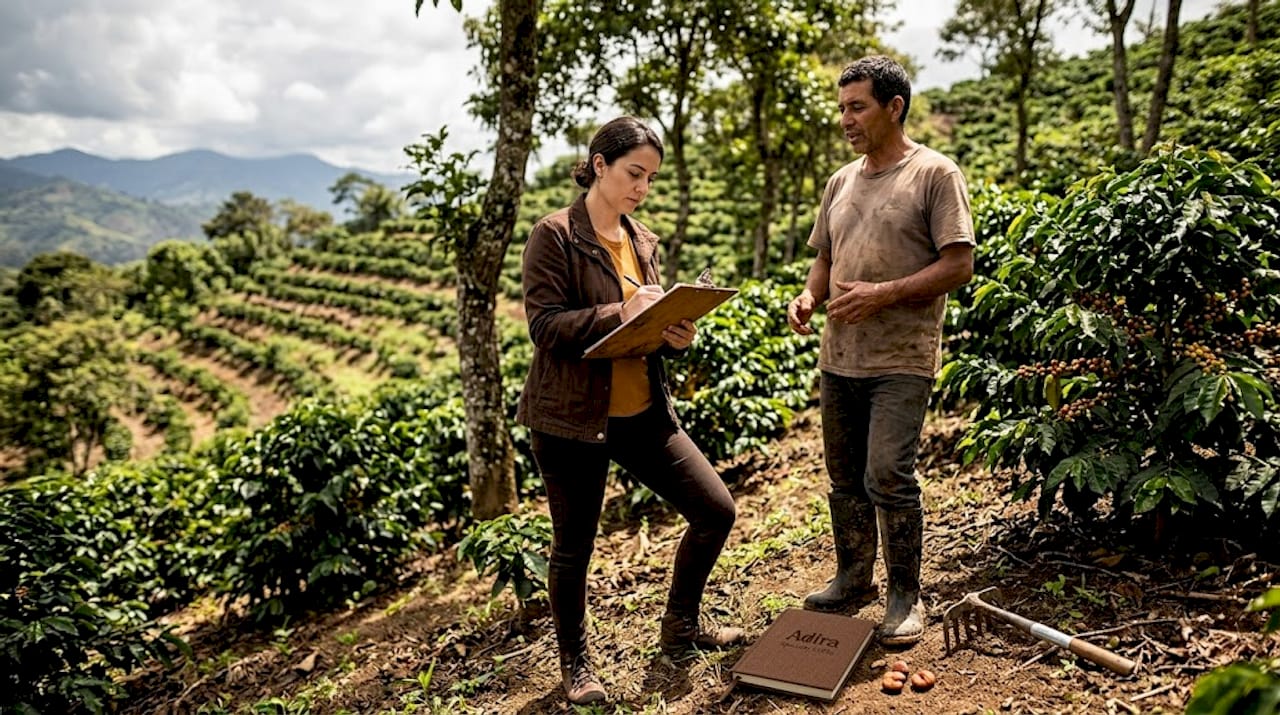 Coffee buyer and farmer reviewing sourcing steps