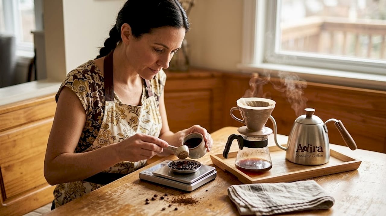 Weighing and prepping filter coffee in bright kitchen