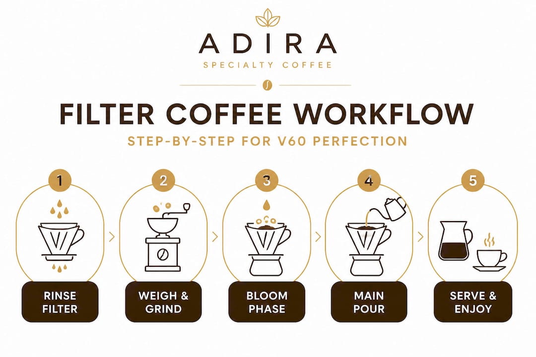 Infographic showing five key filter coffee workflow steps