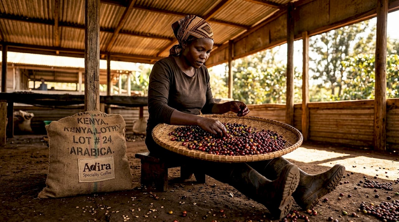 Woman sorting Ethiopian coffee cherries