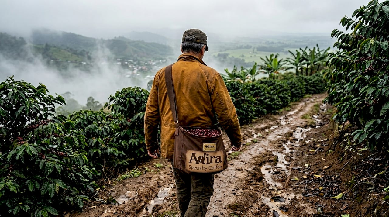 Farmer walking through high-altitude coffee farm