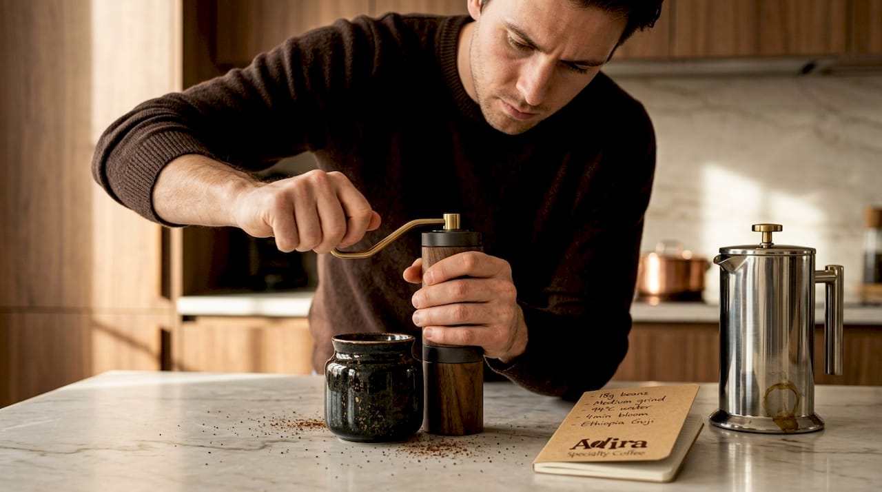 Man grinding coffee beans at dining table