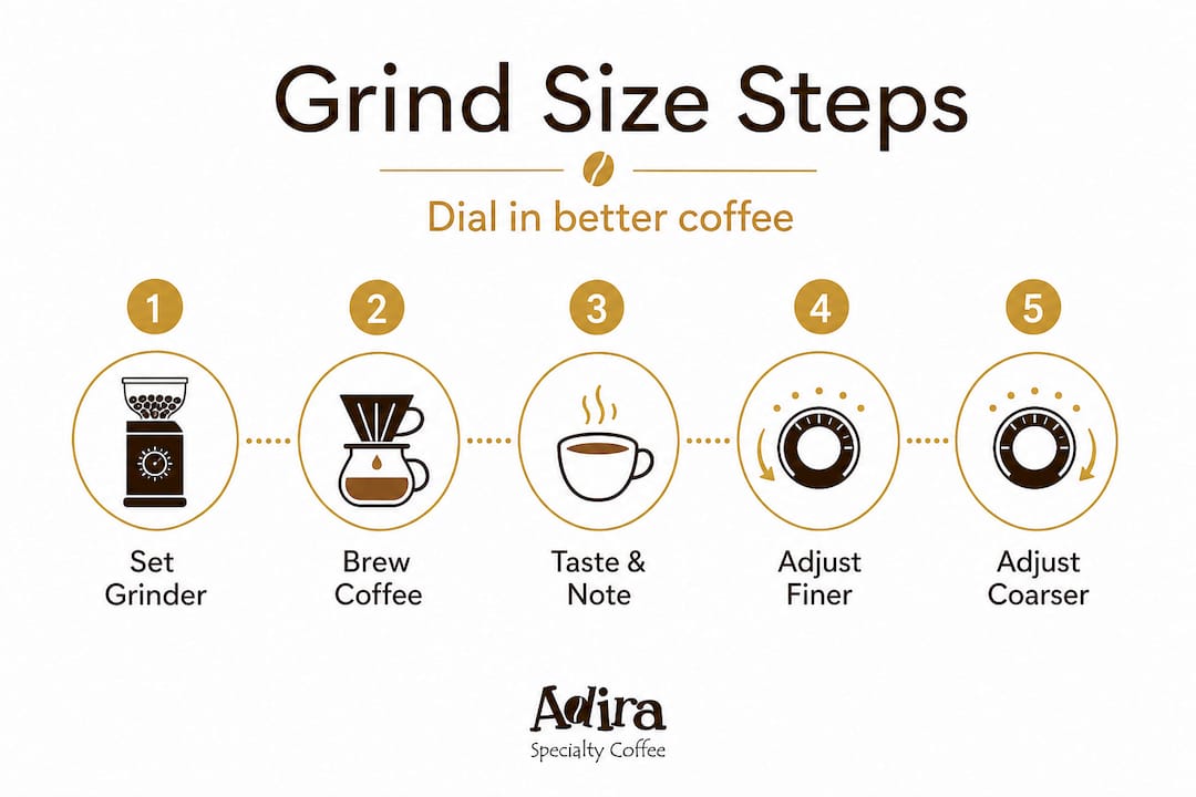 Infographic shows five steps to adjust coffee grind