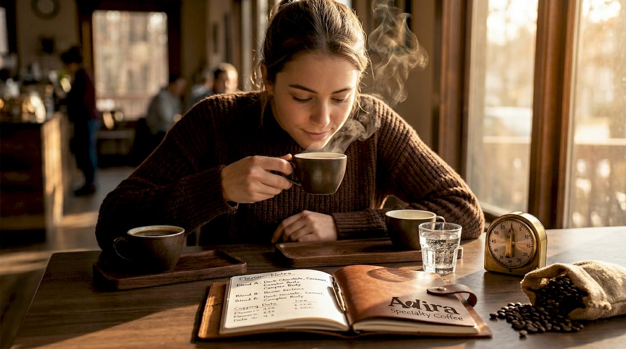 Man assessing coffee aroma at table