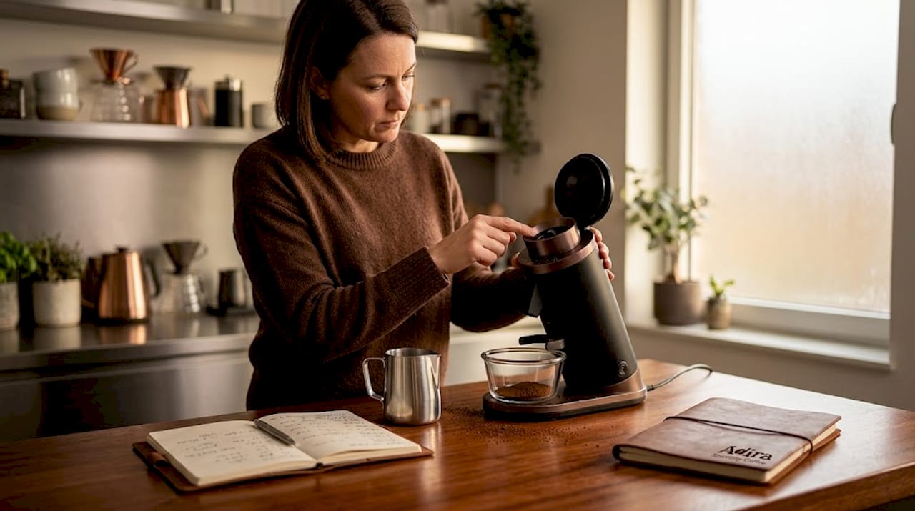 Woman checks burr grinder retention at home