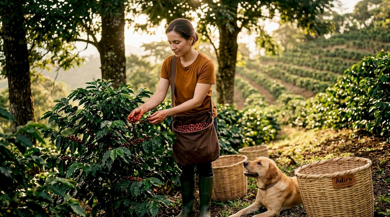 Woman harvesting ripe coffee cherries Costa Rica