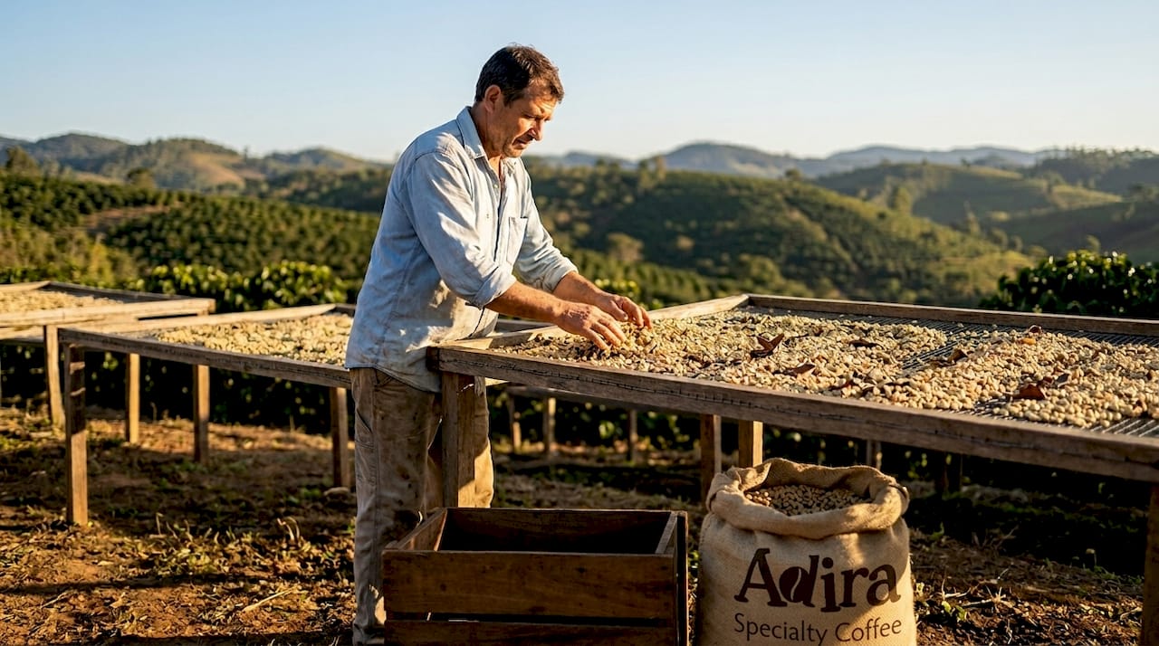 Farmer spreading coffee beans on drying beds