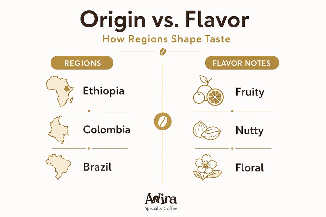 Infographic comparing coffee origin regions and flavors