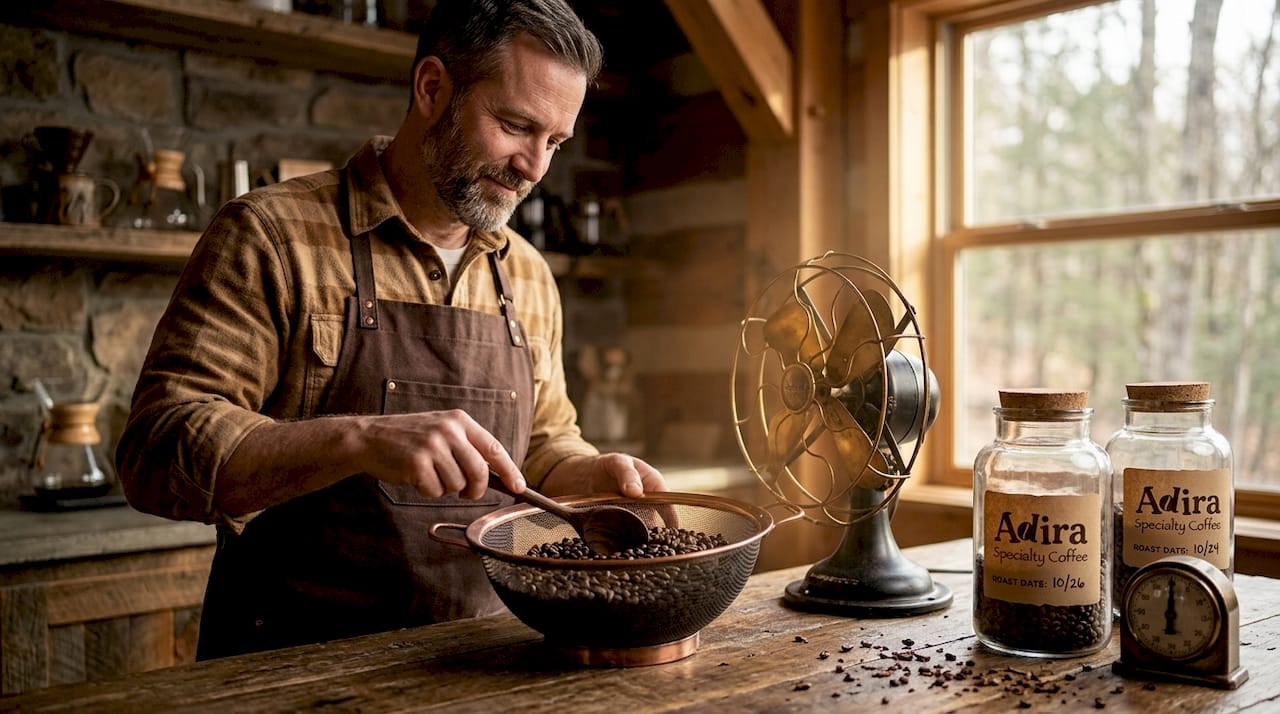 Person cooling roasted coffee beans in kitchen