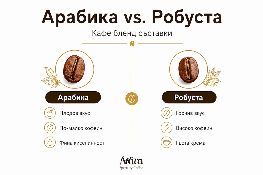 Вижте инфографика, която представя основните разлики между кафе Арабика и Робуста.