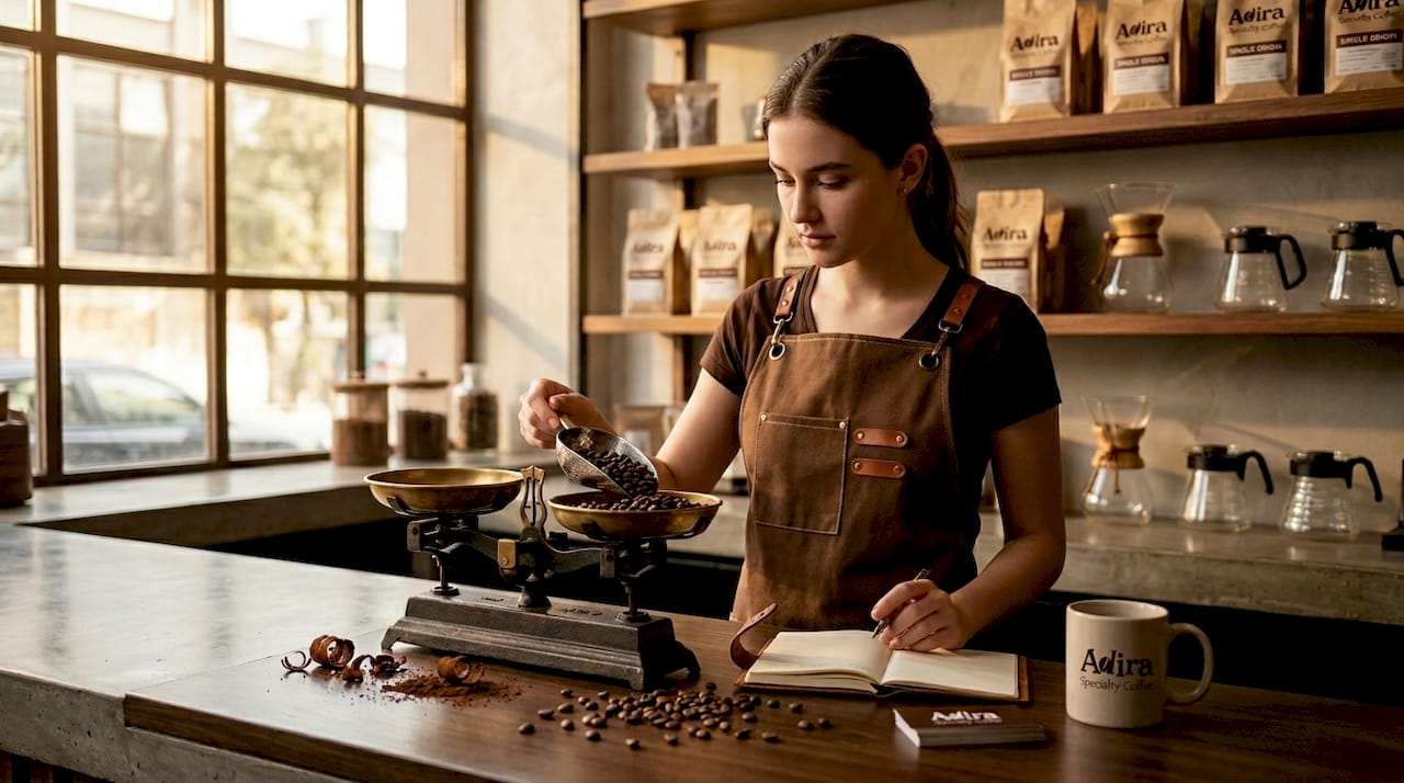 Barista weighing beans by varietal at café