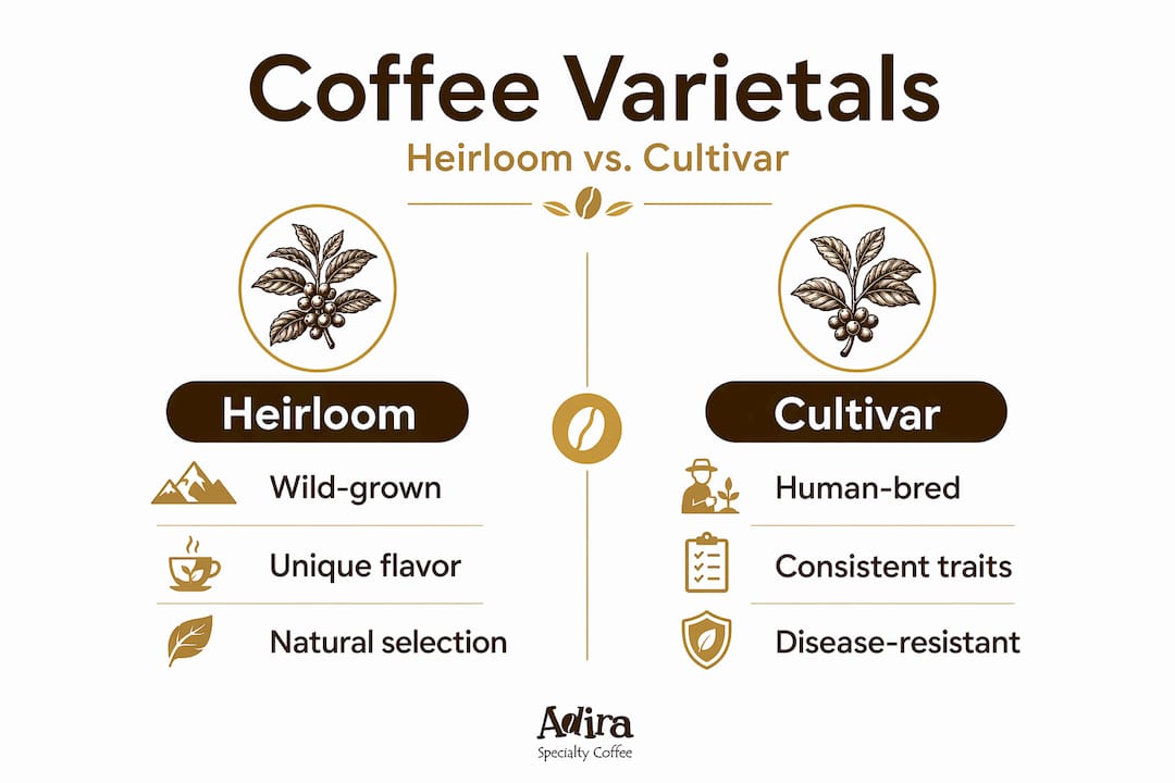 Infographic comparing heirloom and cultivar coffee varietals