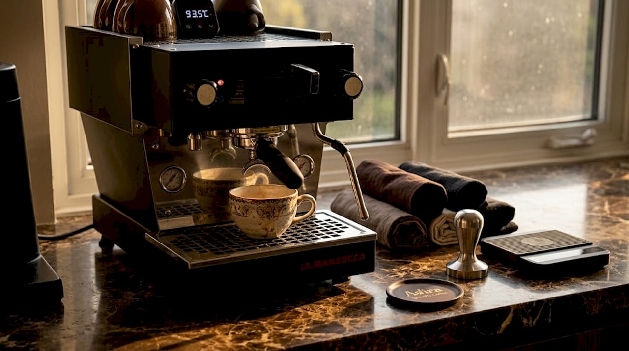 Espresso machine showing thermal controls and use