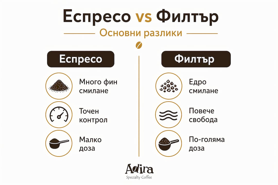 Инфографика: основни разлики между мелачки за еспресо и филтър кафе