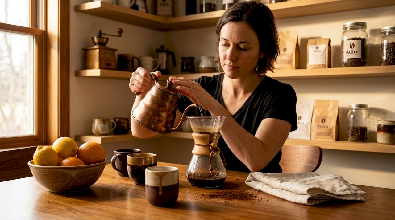 Pour-over coffee brewing with glass Chemex