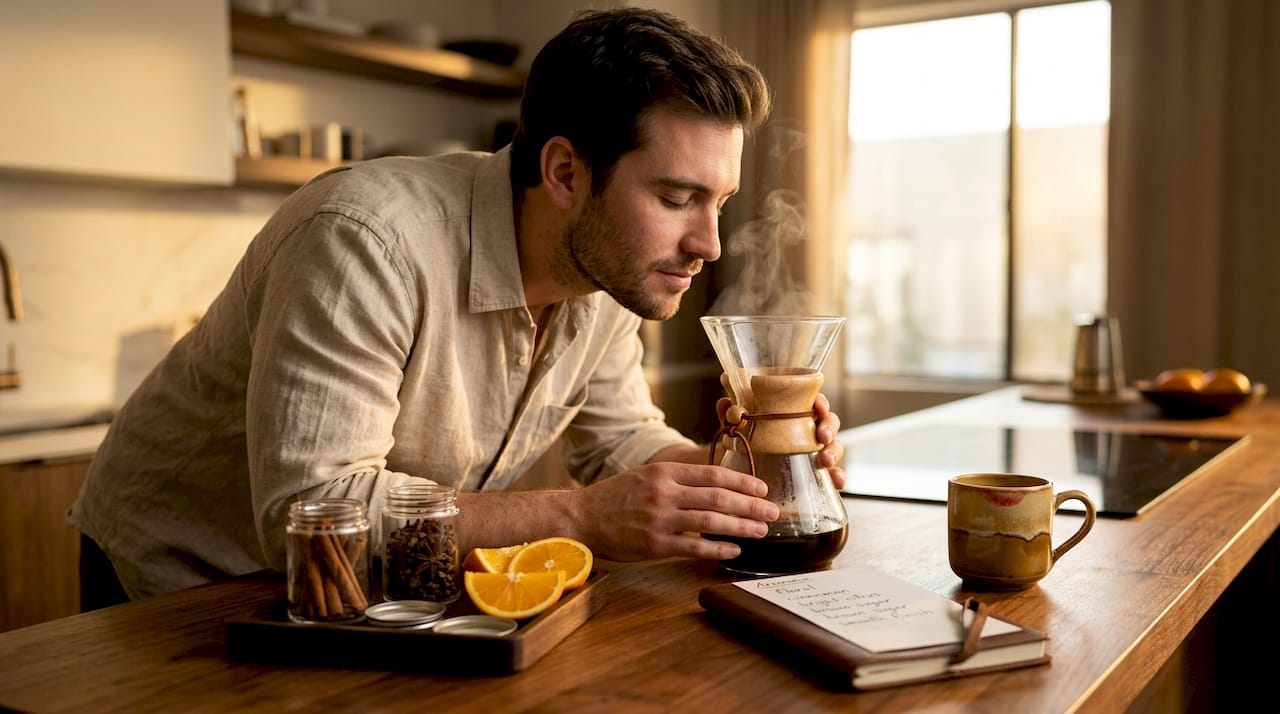 Man smelling coffee aroma with reference ingredients
