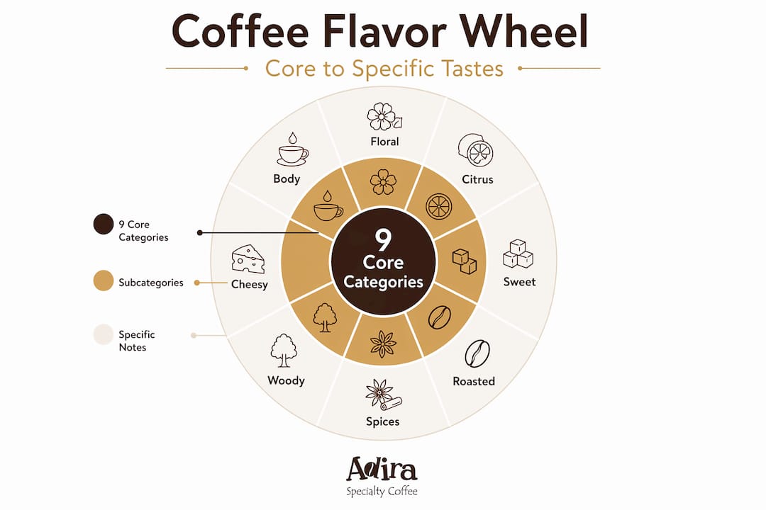 Hierarchy infographic showing coffee flavor wheel layers