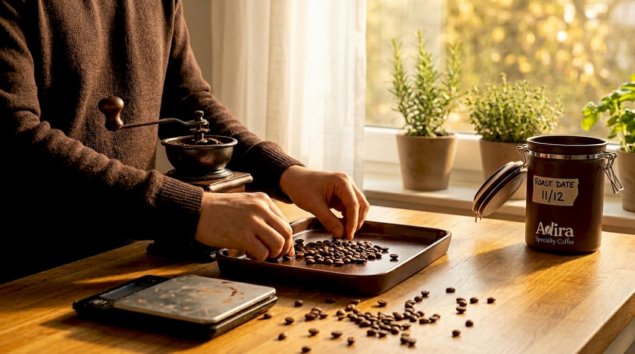 Sorting fresh coffee beans for espresso