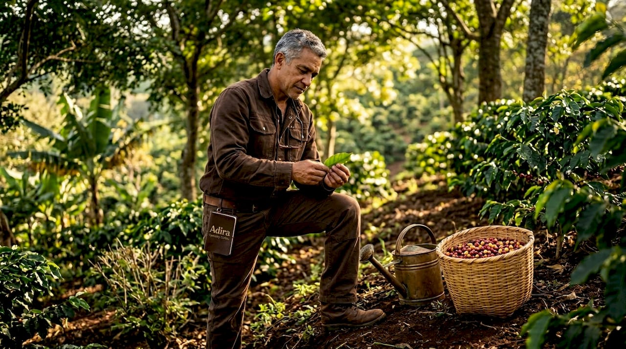 Coffee farmer inspects plants in shady agroforestry setting