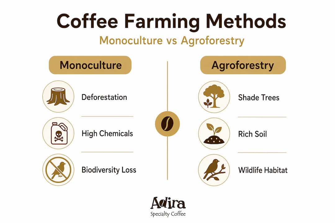 Infographic comparing monoculture and agroforestry coffee