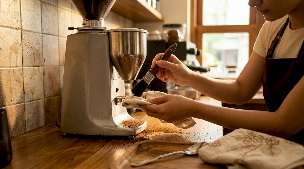 Cleaning grinder to reduce coffee retention