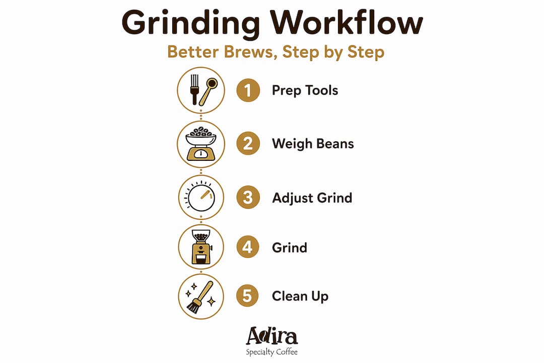 Infographic showing coffee grinding workflow steps
