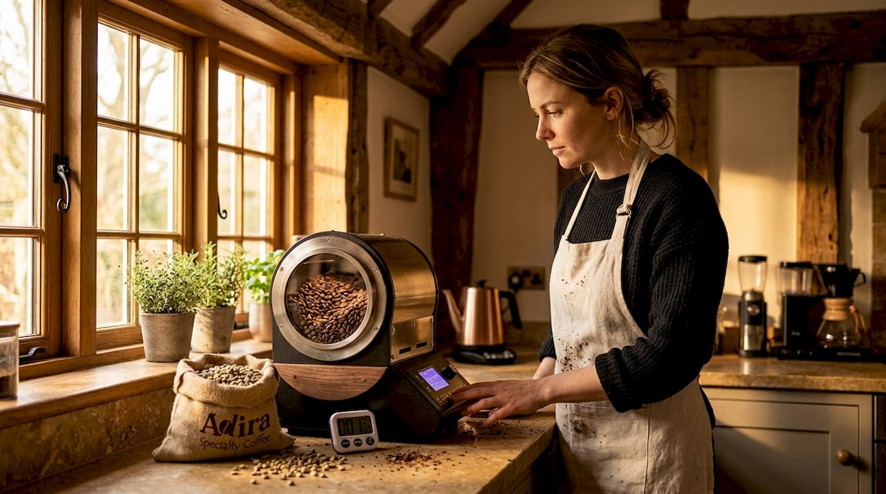 Woman roasting coffee beans at kitchen counter