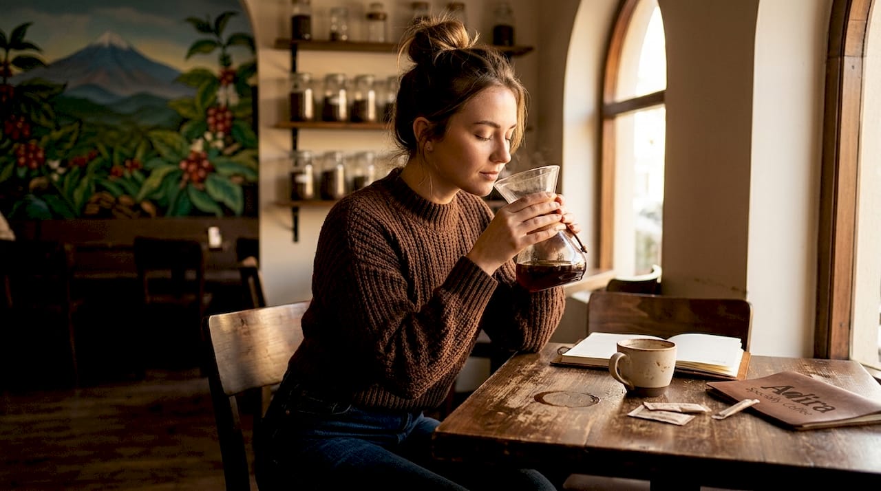 Woman tasting Arabica coffee in café